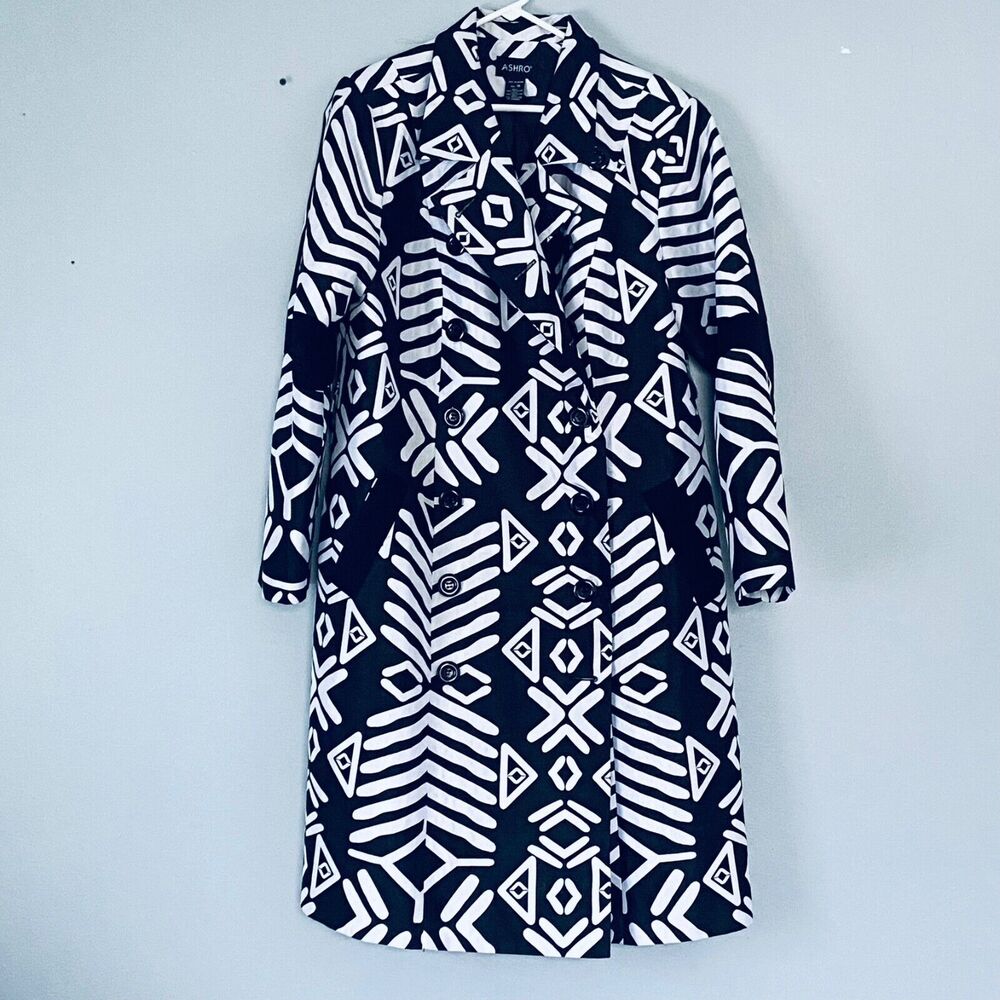 Ashro Jacket Plus 1X Black White Patterned Long Boho Art to Wear No Belt